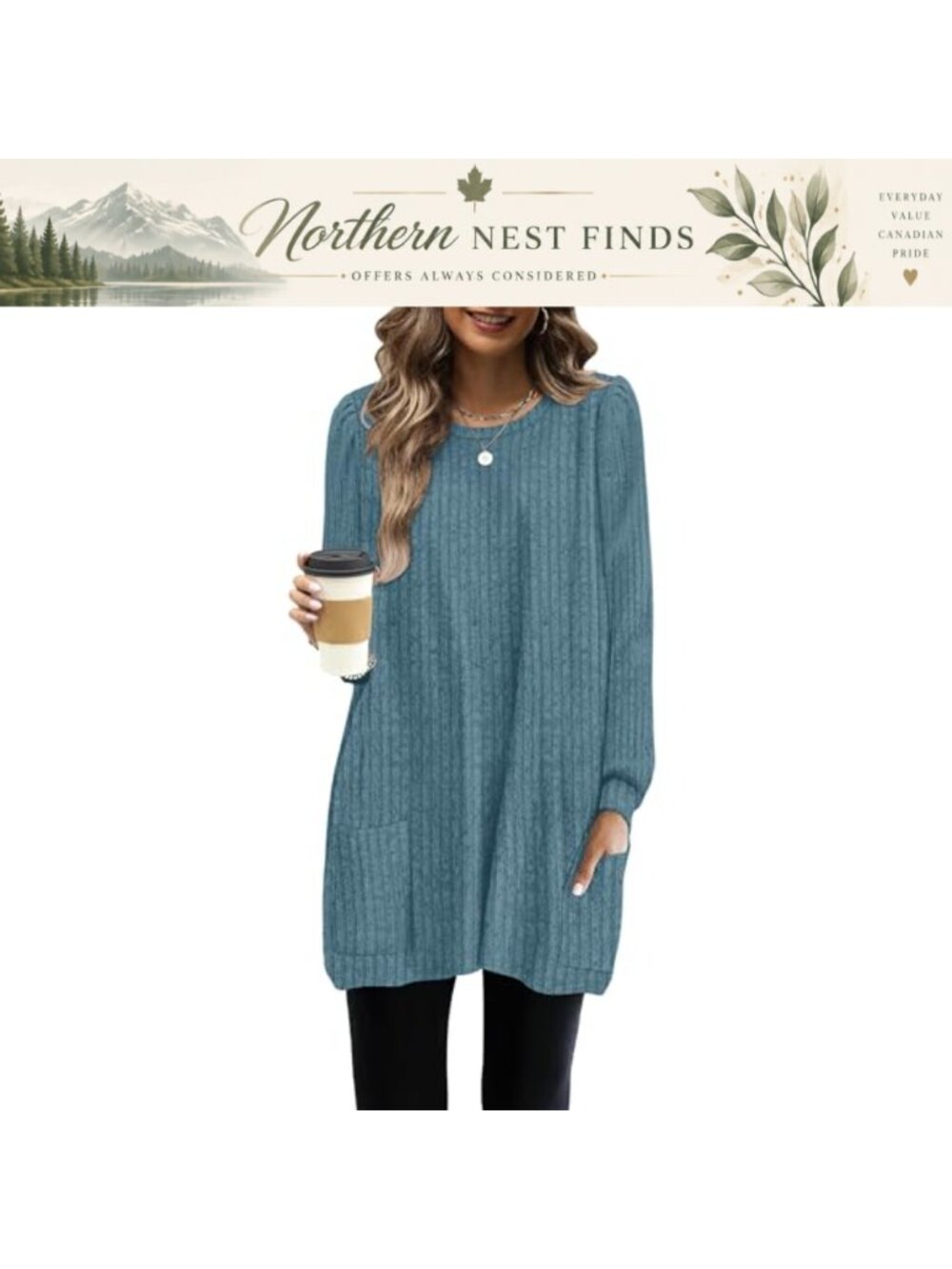 WNEEDU Women's Long Sleeve Tunic Sweater with Pockets Crewneck Loose Fit